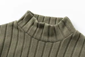 Detailed view of the olive green ribbed knit mock neck top, soft and elastic fabric.