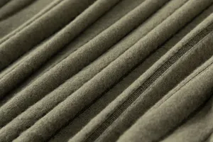 Close-up detailed shot of ribbed knit fabric in khaki, soft texture and comfortable feel.