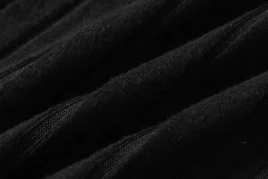 Black knit fabric detail close-up showing soft texture and fine ribbed pattern design.