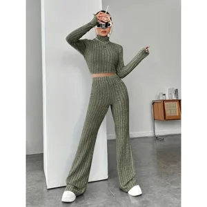 Women ribbed knit turtleneck top and flared trousers two piece set autumn fashion outfit