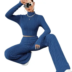 Blue ribbed knit crop top and wide-leg trousers two-piece set for women fashion autumn outfit.
