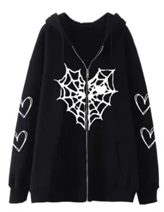 Sweat à capuche zippé noir en molleton avec graphismes de cœur en toile d'araignée blanche.