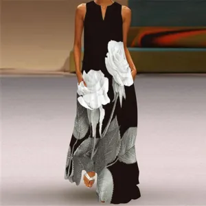 Robe longue femme sans manches col V avec un beau imprimé roses vintage décontractée