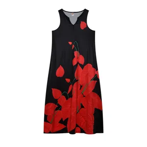 Robe longue sans manches col V à imprimé floral rouge vintage pour femme élégante robe d'été