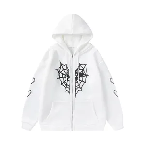 Sweat à capuche zippé blanc pour femme et homme, sweat polaire d'hiver avec motif de toile d'araignée.