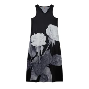 Elegante robe longue sans manches col V pour femme avec imprimé rose vintage style été chic