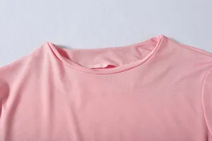 Pink long sleeve top collar detail view, clean design, comfortable fabric, simple style