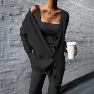Ensemble 3 pièces tricot pour femme cardigan casual pantalon mode chic trendy new