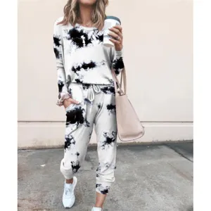 Women black white tie dye long sleeve sweatshirt sweatpants lounge set casual two piece outfit