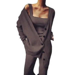 Ensemble 3 Pièces en Tricot pour Femme Cardigan Débardeur Pantalon Automne Chic