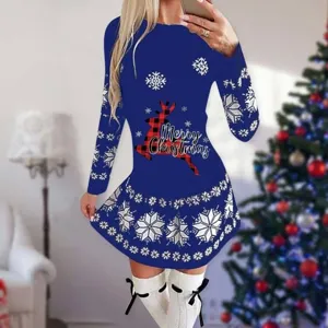 Vrouwen Kerst Lange Mouw Midi Jurk Casual Ronde Hals Grafische Print Feestjurk Winter Vakantie Kleding