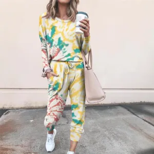 Damen Batik Langarm Sweatshirt und Jogginghose lässiges Sportanzug Set für Damen