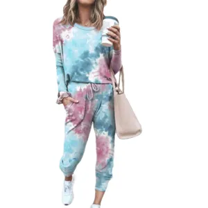 Women Tie Dye Long Sleeve Sweatshirt Jogger Pants Casual Two Piece Lounge Set Wear