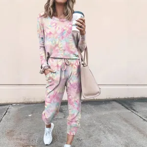 Damen Batik Langarm Loungewear Set Freizeit Streetwear Trainingsanzug fuer Herbst Alltag.