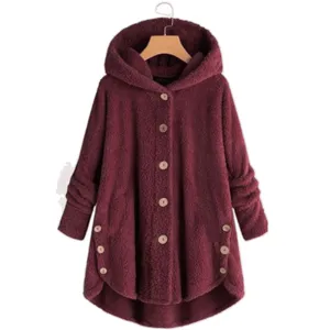 Women's Burgundy Fleece Hooded Cardigan Cozy Long Sleeve Outerwear with Wooden Buttons