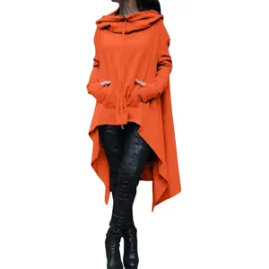 Solid color long hooded sweatshirt for women, casual oversized orange hoodie with pocket.