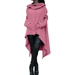 Detail view of the stylish pink high-low hooded sweatshirt featuring practical front pockets.