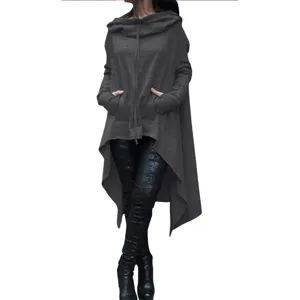 Solid color long hooded sweatshirt for women with pockets and asymmetrical hem design.
