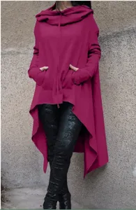 Women solid color long sleeve asymmetric hooded sweatshirt with pocket for casual daily wear.
