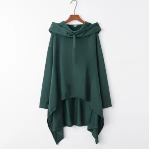 Dark green asymmetric hoodie detail showing adjustable drawstring hood and kangaroo front pocket.