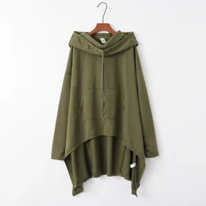 Women solid color long hooded sweatshirt casual asymmetrical oversized olive green streetwear