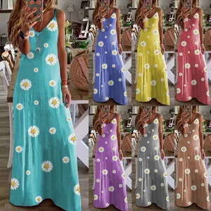 Women Summer Daisy Print Camisole Maxi Dress Slim Fit Spaghetti Strap V-Neck Sleeveless Floral Print Boho Long Sundress