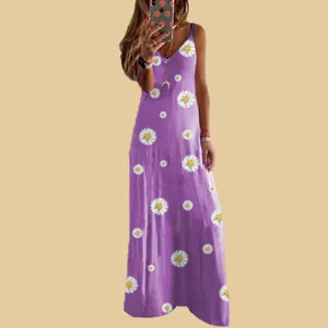 Summer floral slip long dress purple daisy print spaghetti strap casual maxi dress for women