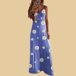 Detail view of women summer floral slip dress featuring blue daisy print and v-neck design.