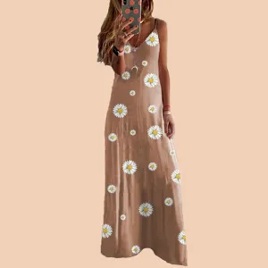 Summer casual women long slip dress with cute white daisy floral print and stylish v-neck.