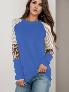 Women's leopard print colorblock striped crew neck long sleeve t-shirt product detail