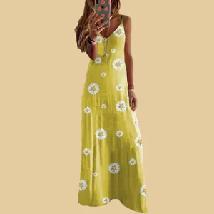 Floral slip long dress, V-neck summer casual maxi dress with cute daisy print for women.