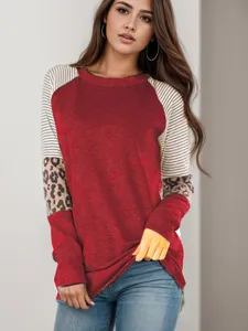 Detailed view of the women's colorblock raglan sleeve top with leopard and striped patterns.