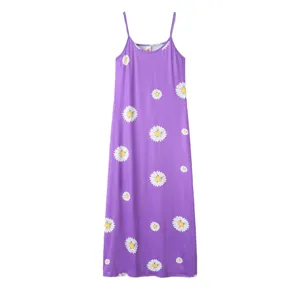 Women's purple floral camisole long dress featuring elegant little daisy prints for summer.