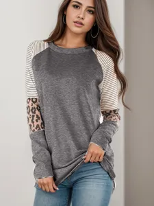 Women color block striped leopard long sleeve t-shirt casual crewneck casual top apparel