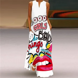 Robe longue sans manches col V avec imprimé graphique pop art audacieux et style décontracté.