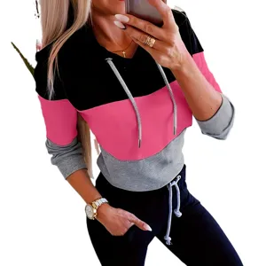 Γυναικείο φούτερ με κουκούλα colorblock casual μακρυμάνικο κορδόνι φθινοπωρινό τοπ