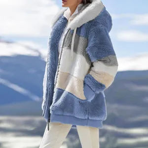 Γυναικείο Χειμερινό Casual Colorblock Fleece Μπουφάν με Κουκούλα και Ζεστό Παλτό.