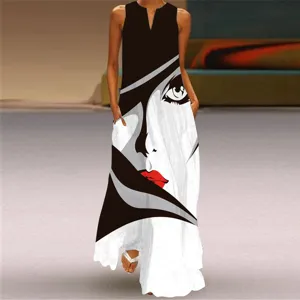 Robe longue sans manches col en V avec imprimé visage artistique pour femmes élégantes.