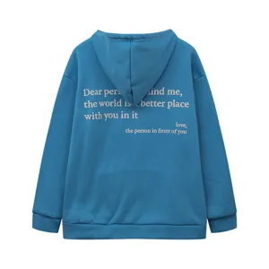Back detail view of casual blue fleece hoodie featuring inspiring text print on the back.
