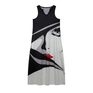 Robe longue sans manches femme col V imprimé graphique rétro robe d été décontractée