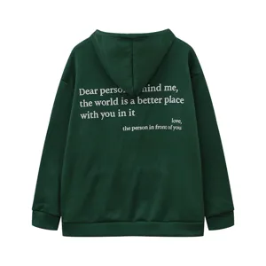 Dark green fleece hooded sweatshirt back detail with inspiring quote print for women.