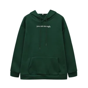 Dark green fleece hoodie with drawstring, kangaroo pocket and inspiring chest text print.