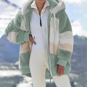 Γυναικείο ζεστό χνουδωτό fleece τζάκετ colorblock με κουκούλα και φερμουάρ λεπτομέρεια