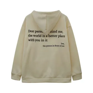 Detailed back view of an off-white fleece hoodie with inspirational letter print.