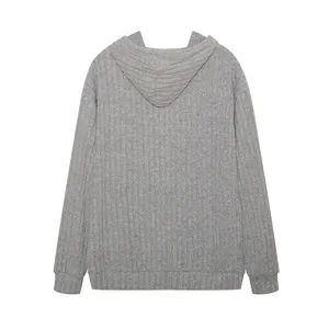 Ribbed knit hoodie back detail, grey long sleeve pullover sweater, casual autumn apparel.