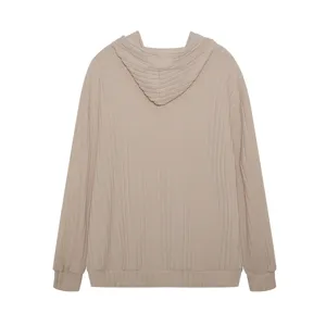 Back view details of women casual ribbed knit hoodie in beige color, soft long sleeve pullover.