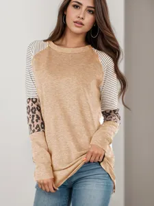 Womens casual colorblock striped leopard long sleeve crewneck top autumn fashion
