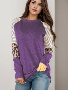 Women long sleeve patchwork t-shirt casual striped leopard block crewneck top fall fashion