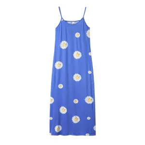 Blue floral cami maxi dress detail, cute daisy print, lightweight summer apparel close up