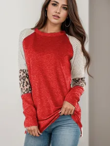 Women's color block leopard striped long sleeve crewneck top detail view, casual fashion.